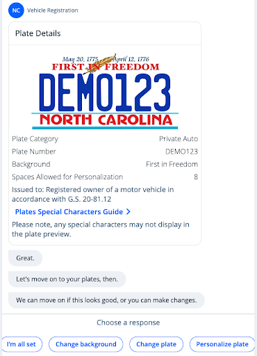 Example of PayIt North Carolina vehicle registration chatbot